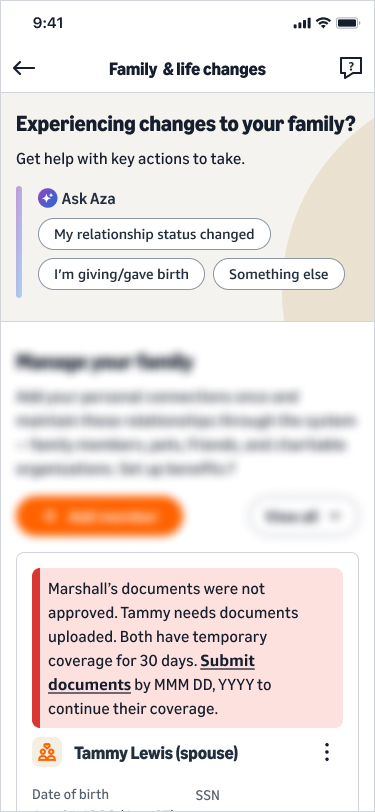 My family page: the same two-dependent combined note, one needing documents and one not approved, both covered temporarily